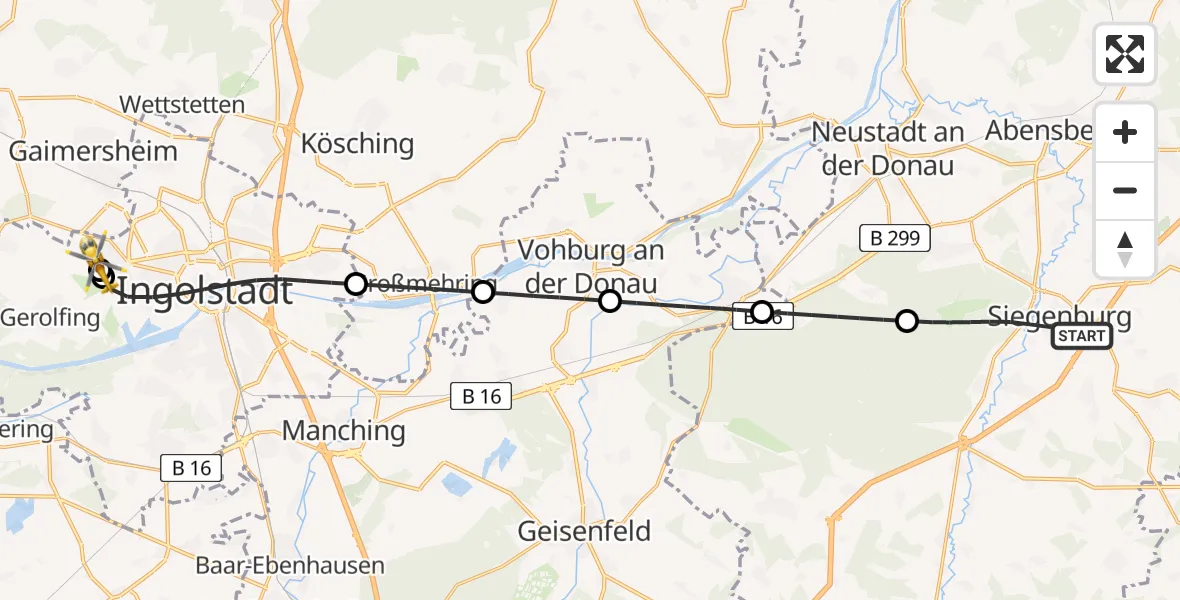 Flugroute Rettungshubschrauber Siegenburg - Ingolstadt Hospital, 23 Juli 2026, 16:23