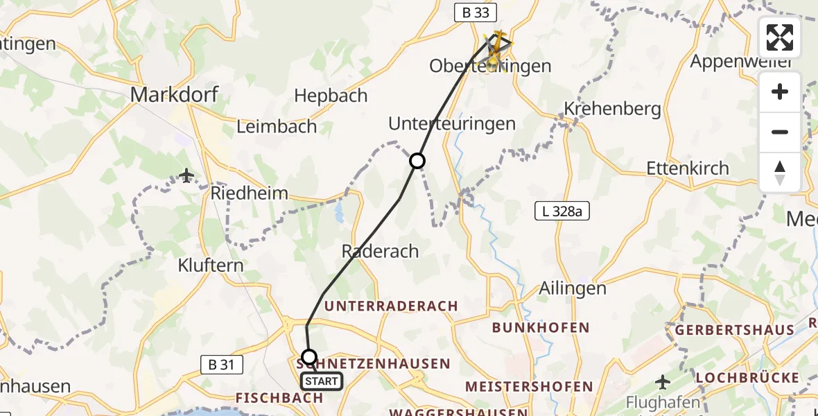 Flugroute Rettungshubschrauber Friedrichshafen Hospital - Oberteuringen, 23 Juli 2026, 16:27