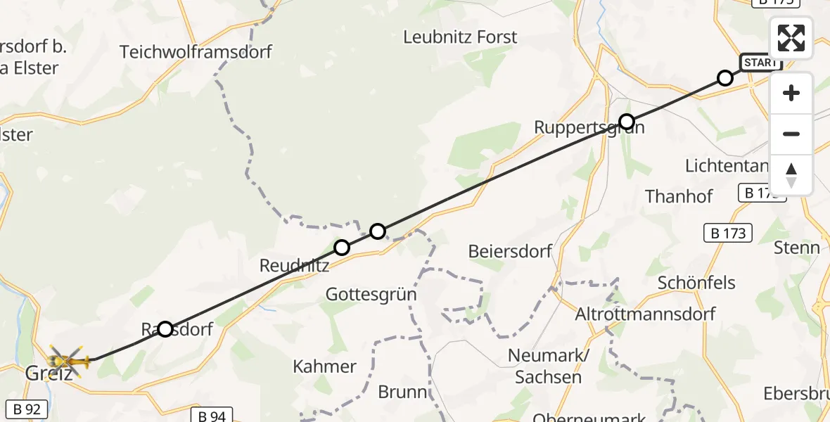 Flugroute Rettungshubschrauber ADAC Air Rescue Station Zwickau Hubschrauberlandeplatz - Greiz, 23 Juli 2026, 16:28