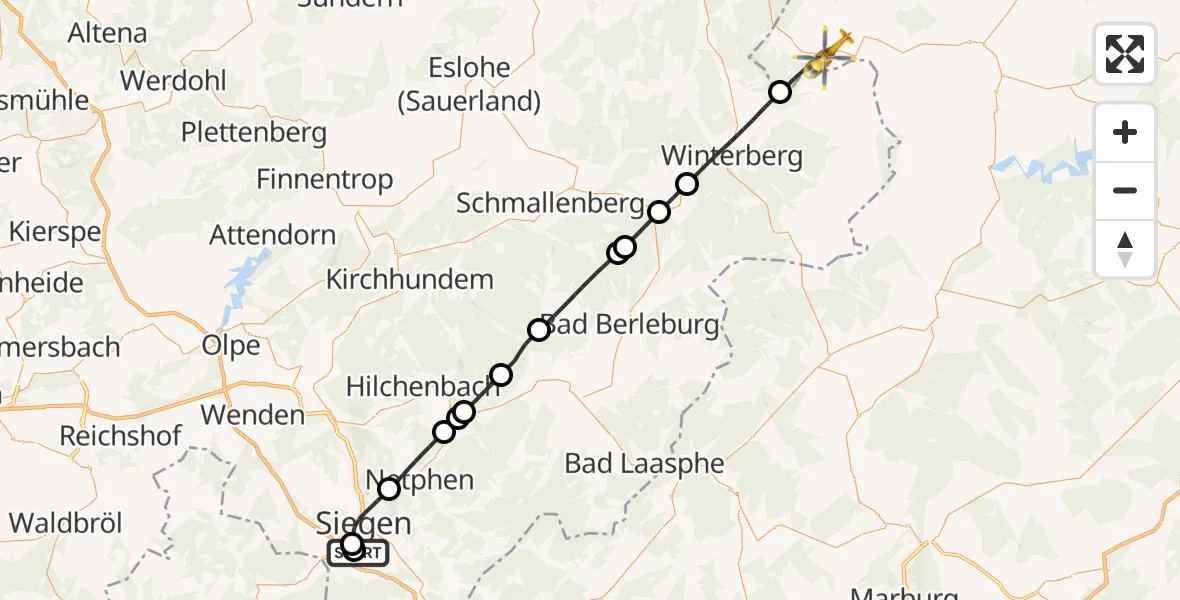 Flugroute Rettungshubschrauber Evangelisches Jung-Stilling Hospital - Willingen (Upland), 23 Juli 2026, 16:30