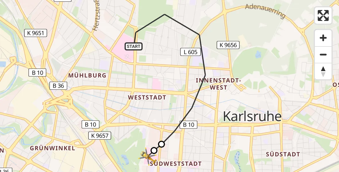Flugroute Ambulanzhubschrauber Karlsruhe - Sankt Vincentius Hospital, 23 Juli 2026, 16:30