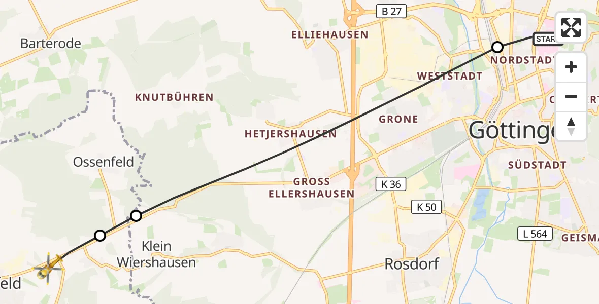 Flugroute Rettungshubschrauber Göttingen University Clinic Hubschrauberlandeplatz - Dransfeld, 23 Juli 2026, 16:31