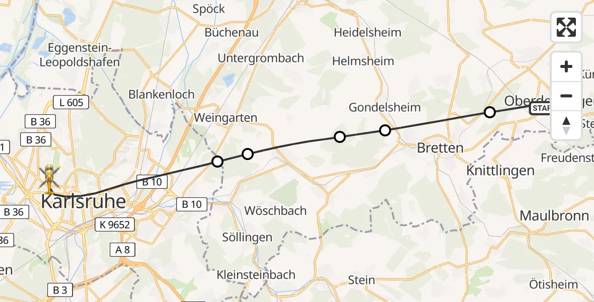 Flugroute Rettungshubschrauber Oberderdingen - Karlsruhe, 23 Juli 2026, 16:37
