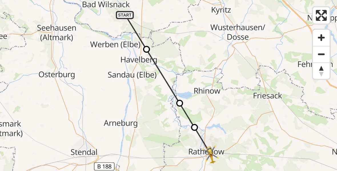 Flugroute Rettungshubschrauber Legde/Quitzöbel - Rathenow, 23 Juli 2026, 16:43