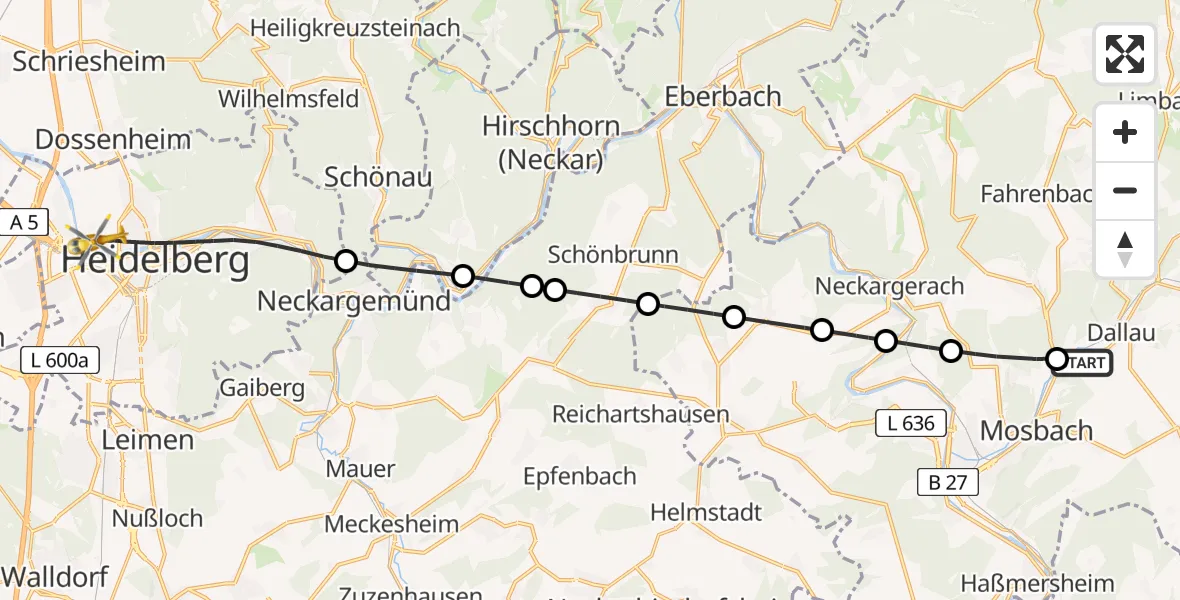 Flugroute Rettungshubschrauber Elztal - Heidelberg, 23 Juli 2026, 16:44
