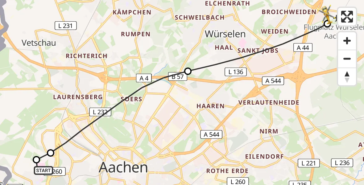 Flugroute Rettungshubschrauber Aachen Hospital - Aachen-Merzbrück Flughafen, 23 Juli 2026, 16:45