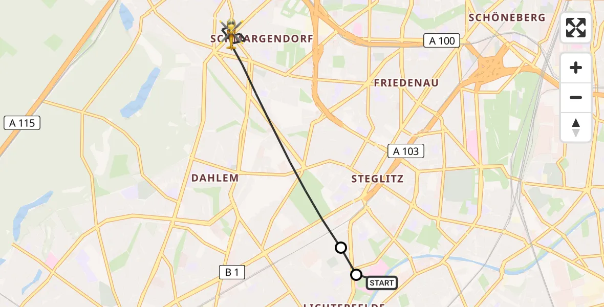Flugroute Rettungshubschrauber Charité Clinic Benjamin Franklin Campus - Berlin, 23 Juli 2026, 16:53