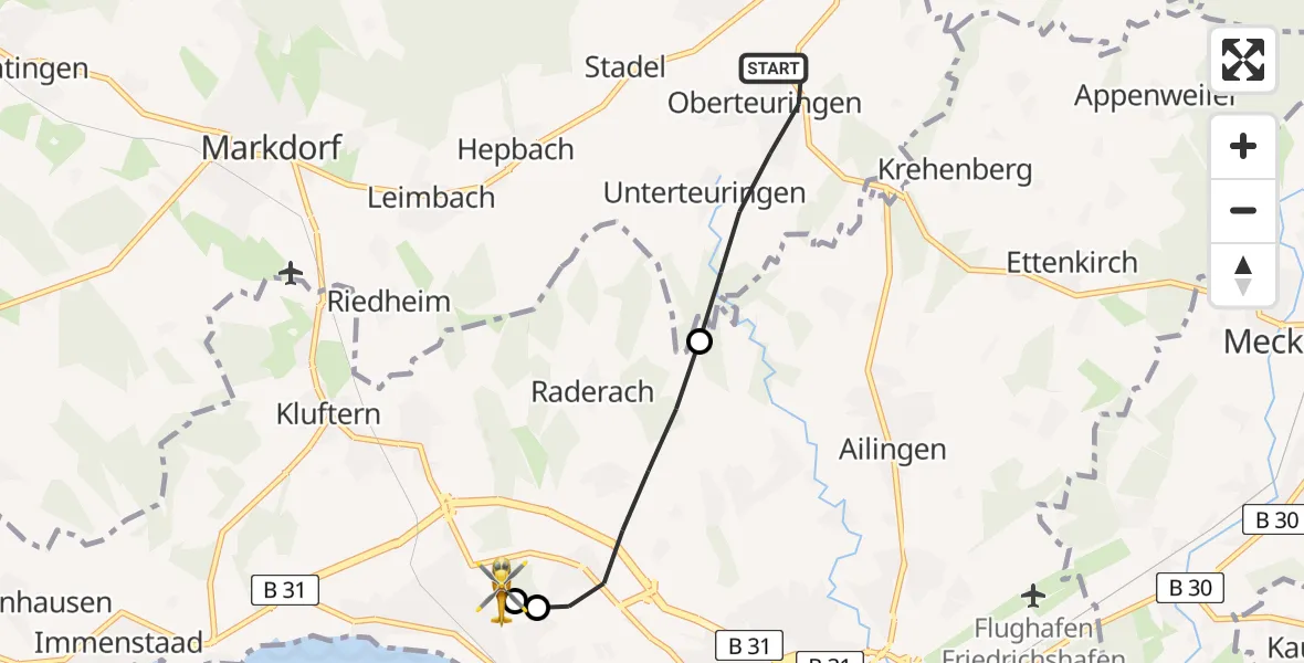 Flugroute Rettungshubschrauber Oberteuringen - Friedrichshafen Hospital, 23 Juli 2026, 16:57