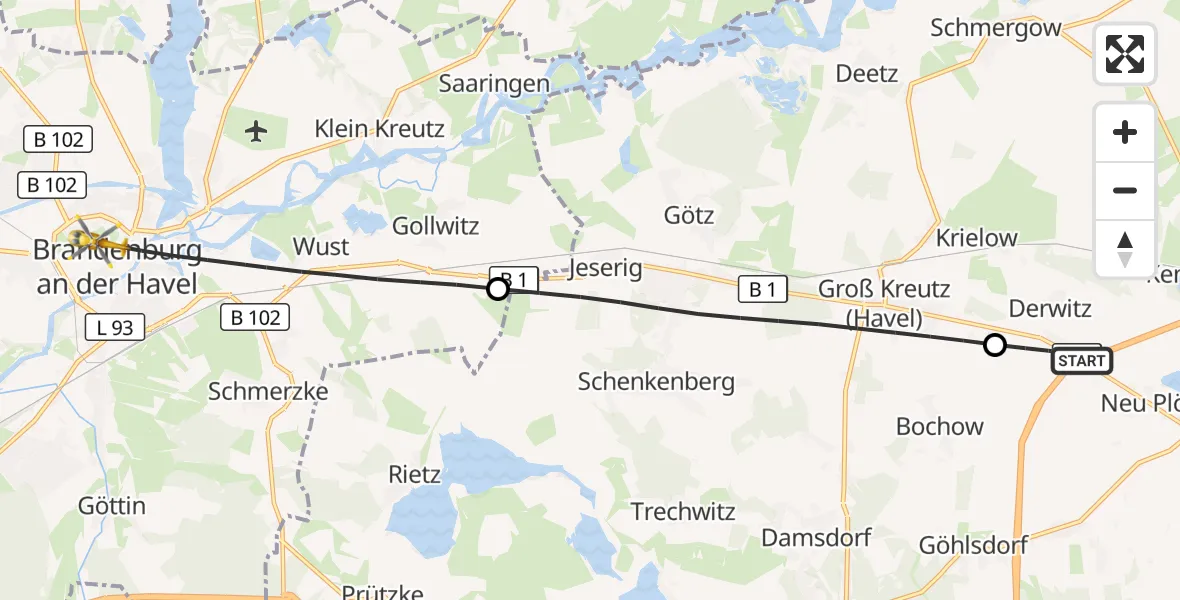 Flugroute Rettungshubschrauber Werder (Havel) - Brandenburg an der Havel, 23 Juli 2026, 16:57