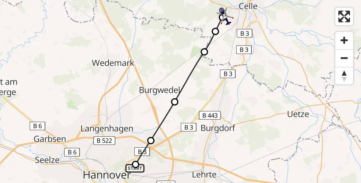 Flugroute Polizeihubschrauber Hannover Luftrettung Hubschrauberlandeplatz (Christoph 4) - Celle, 23 Juli 2026, 16:59