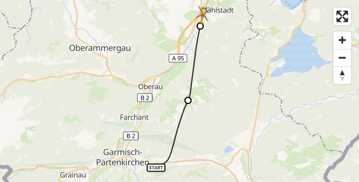 Flugroute Rettungshubschrauber Garmisch-Partenkirchen - Ohlstadt, 23 Juli 2026, 17:04