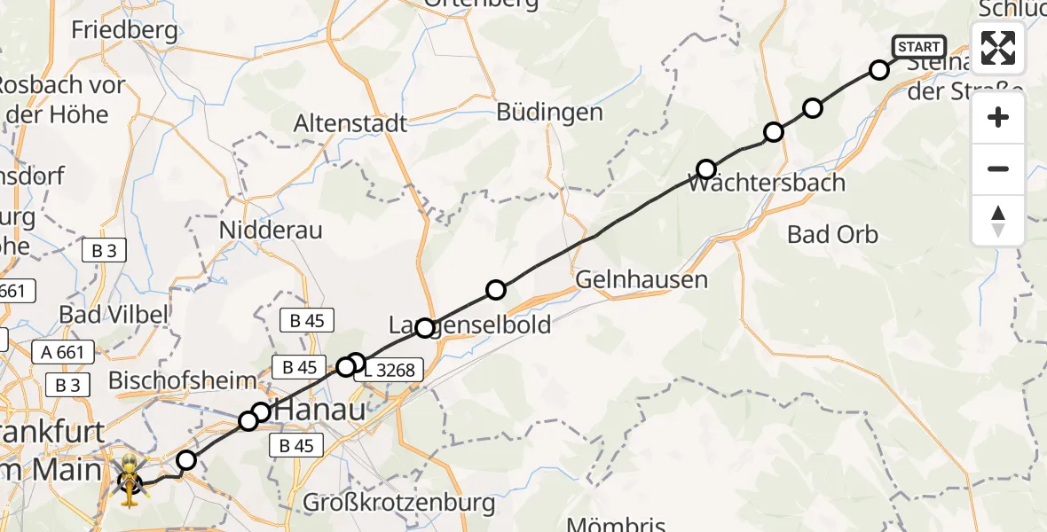 Flugroute Rettungshubschrauber Steinau an der Straße - Sana Hospital Offenbach, 23 Juli 2026, 17:04