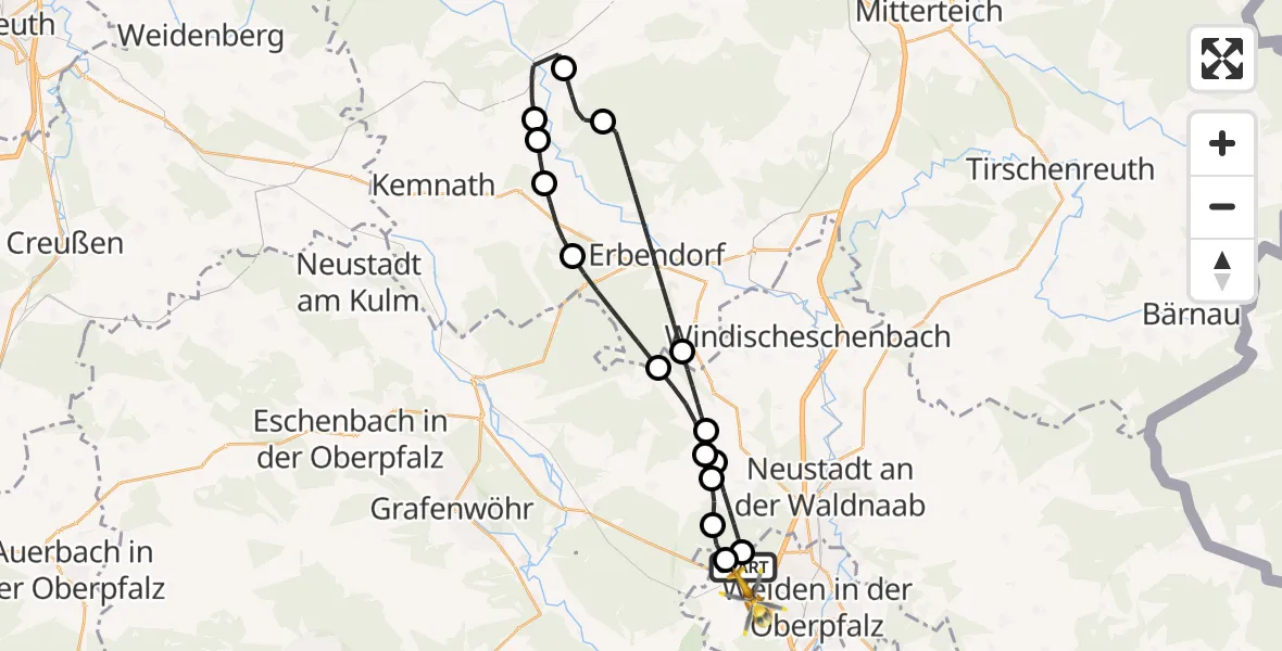 Flugroute Ambulanzhubschrauber Weiden i.d.OPf. - Weiden in der Oberpfalz Flugplatz, 23 Juli 2026, 17:08