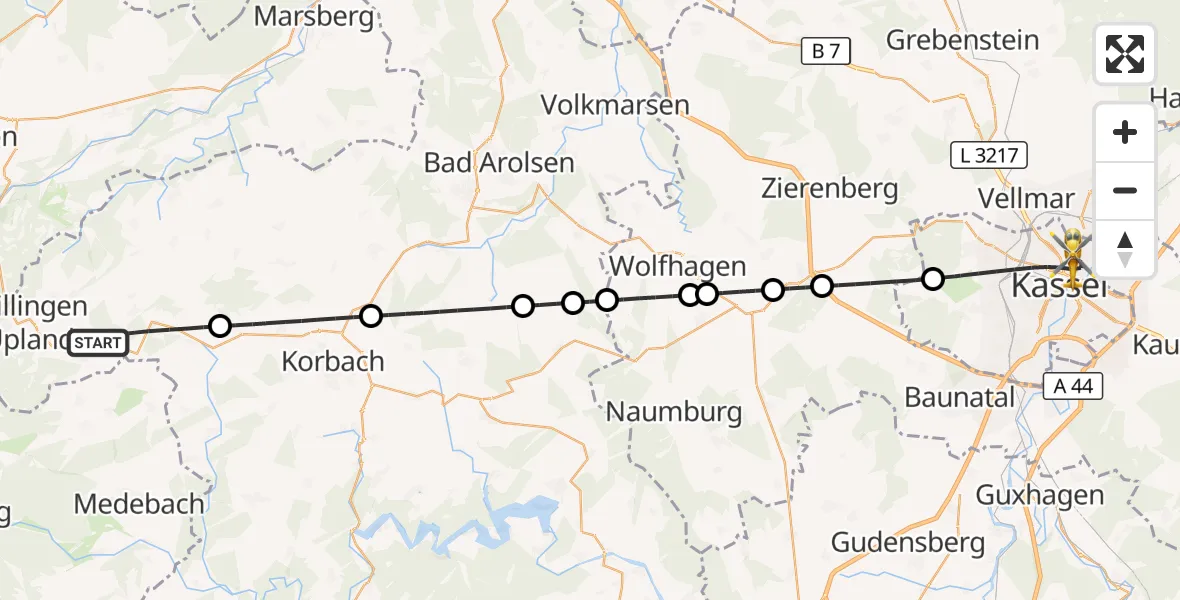 Flugroute Rettungshubschrauber Willingen (Upland) - Kassel, 23 Juli 2026, 17:09