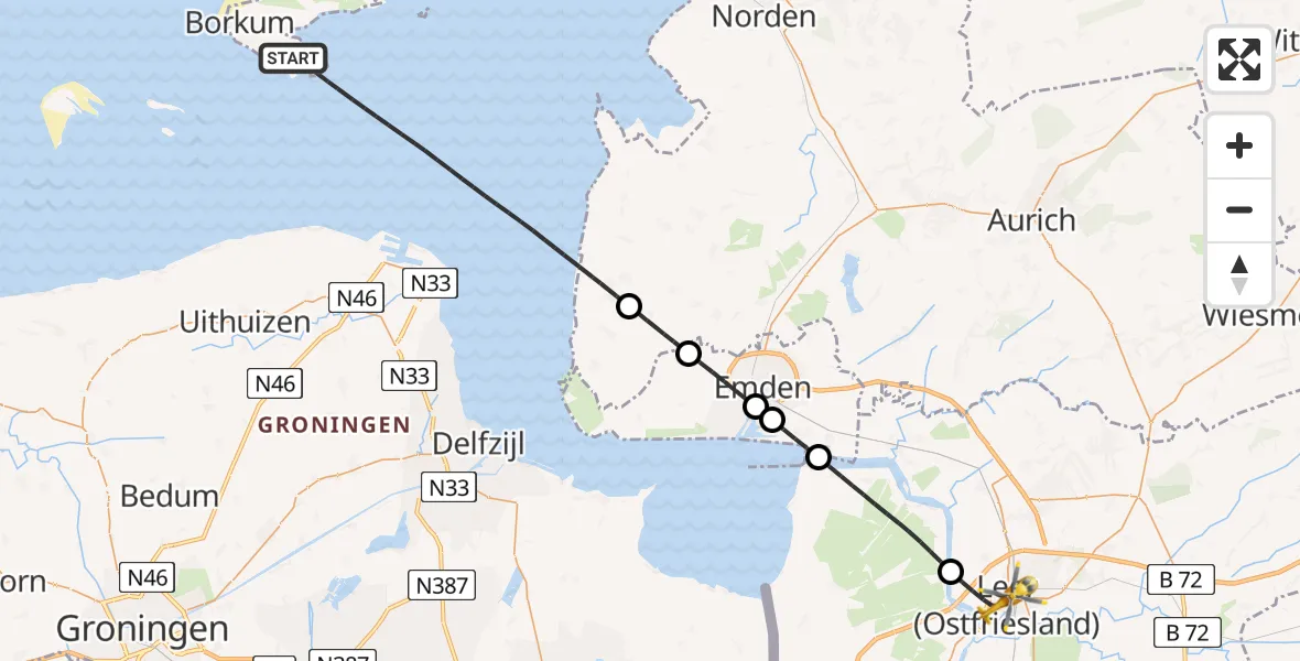 Flugroute Ambulanzhubschrauber Noordzee - Leer (Ostfriesland), 23 Juli 2026, 17:12