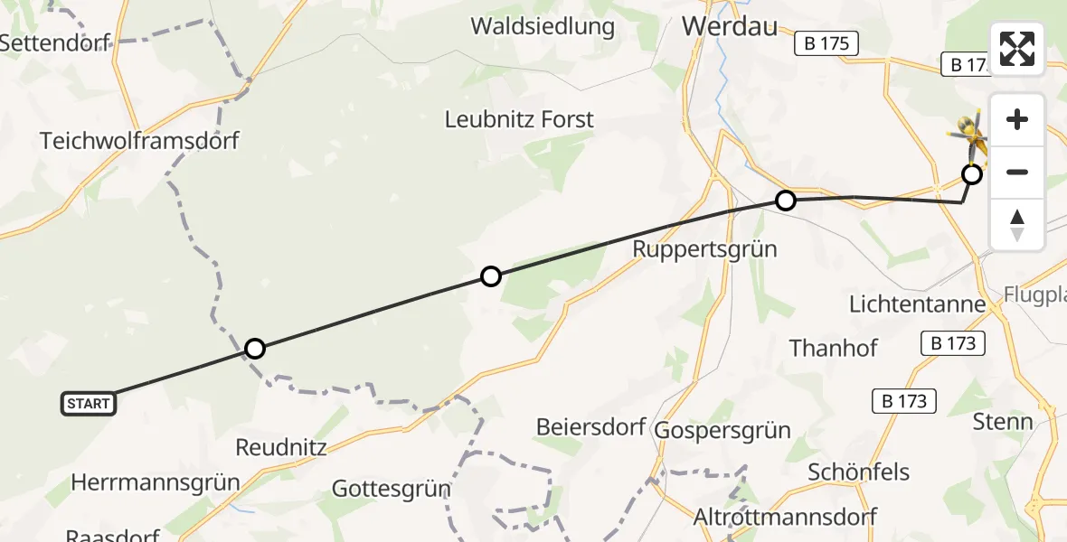 Flugroute Rettungshubschrauber Mohlsdorf-Teichwolframsdorf - ADAC Air Rescue Station Zwickau Hubschrauberlandeplatz, 23 Juli 2026, 17:16