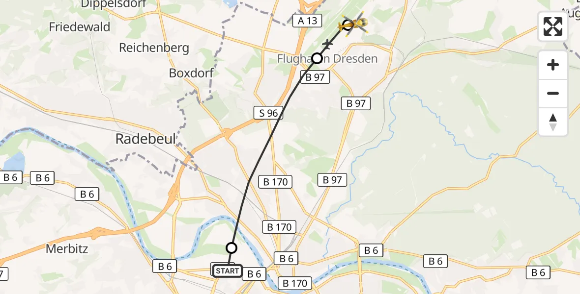 Flugroute Rettungshubschrauber Dresden Friedrichstadt Hospital - Dresden Bundespolizei Hubschrauberlandeplatz, 23 Juli 2026, 17:20