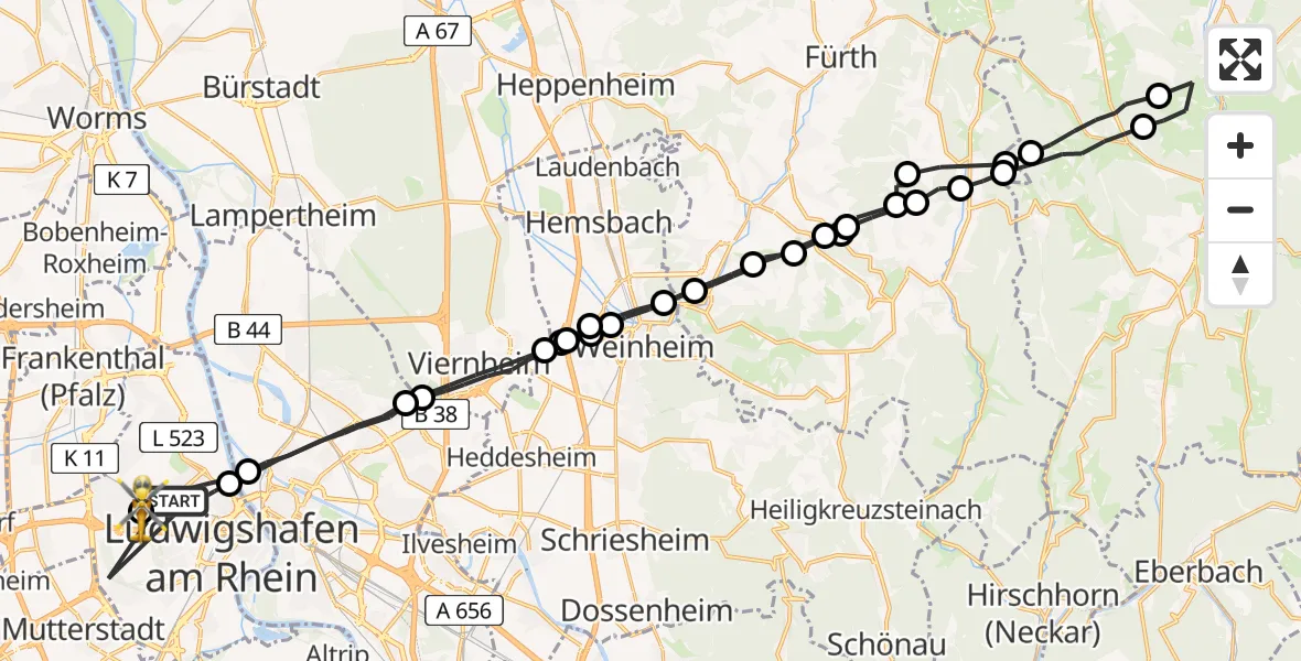 Flugroute Rettungshubschrauber Ludwigshafen am Rhein - Ludwigshafen Accident Hospital, 23 Juli 2026, 17:25