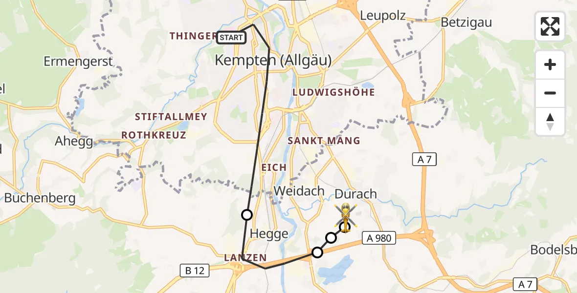 Flugroute Rettungshubschrauber Kempten (Allgäu) - Kempten-Durach Flugplatz, 23 Juli 2026, 17:26