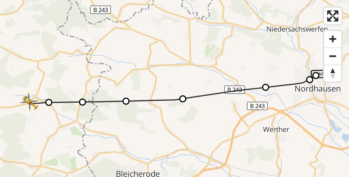 Flugroute Rettungshubschrauber Südharz Hospital Nordhausen - Am Ohmberg, 23 Juli 2026, 17:27