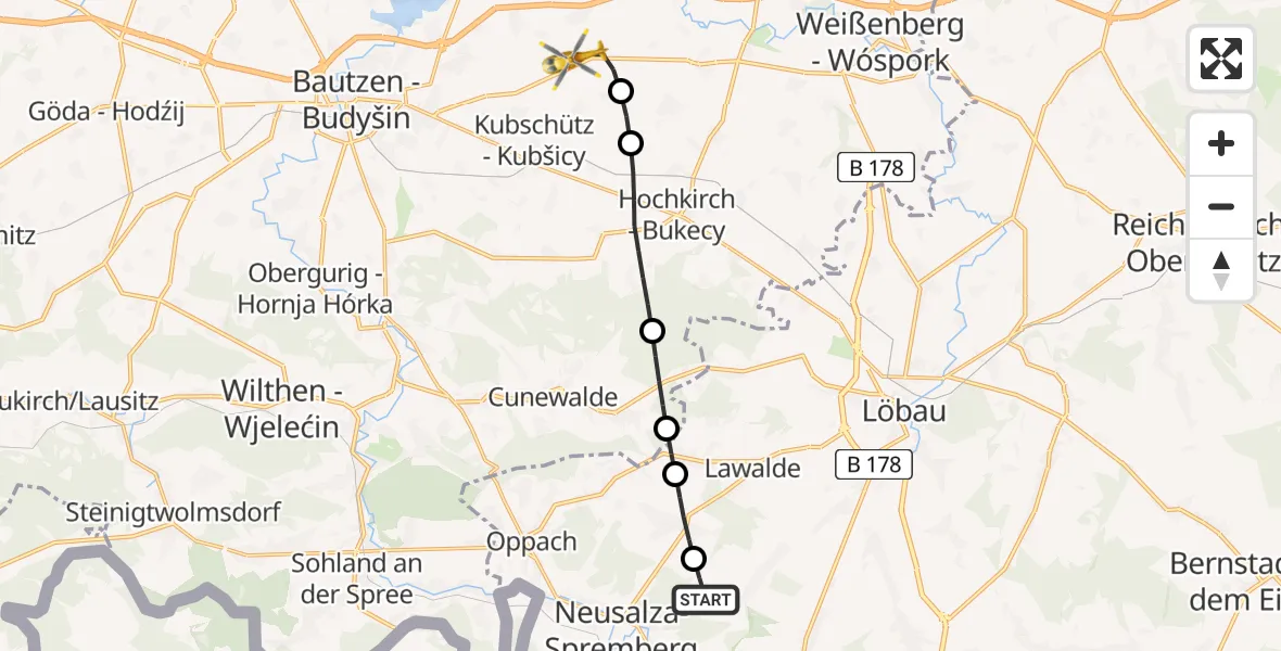 Flugroute Rettungshubschrauber Dürrhennersdorf - Bautzen Flugplatz, 23 Juli 2026, 17:27
