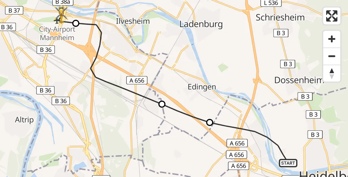 Flugroute Rettungshubschrauber Heidelberg - Mannheim-City Flughafen, 23 Juli 2026, 17:49
