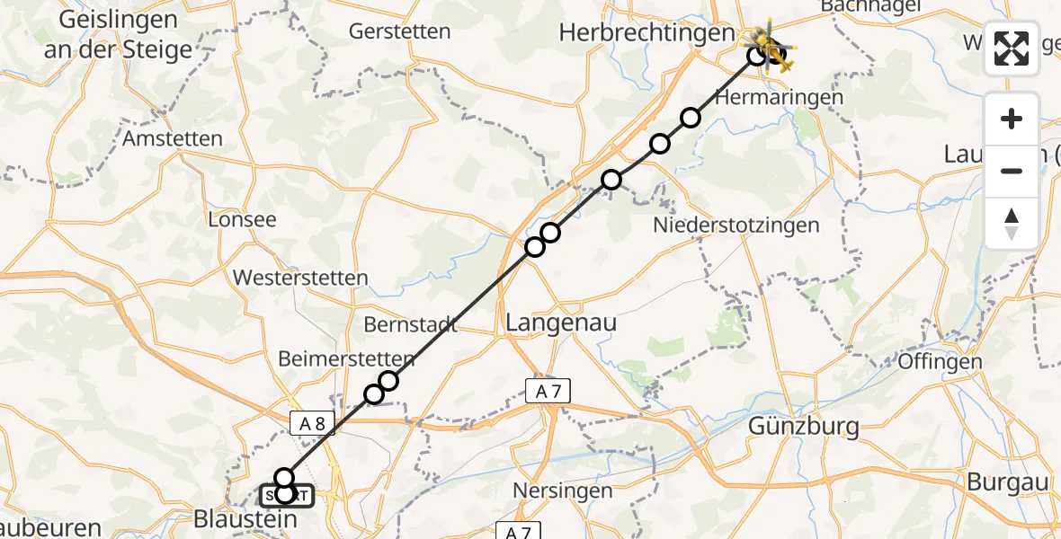 Flugroute Rettungshubschrauber Ulm Military Hospital Emergency - Giengen an der Brenz, 23 Juli 2026, 17:50