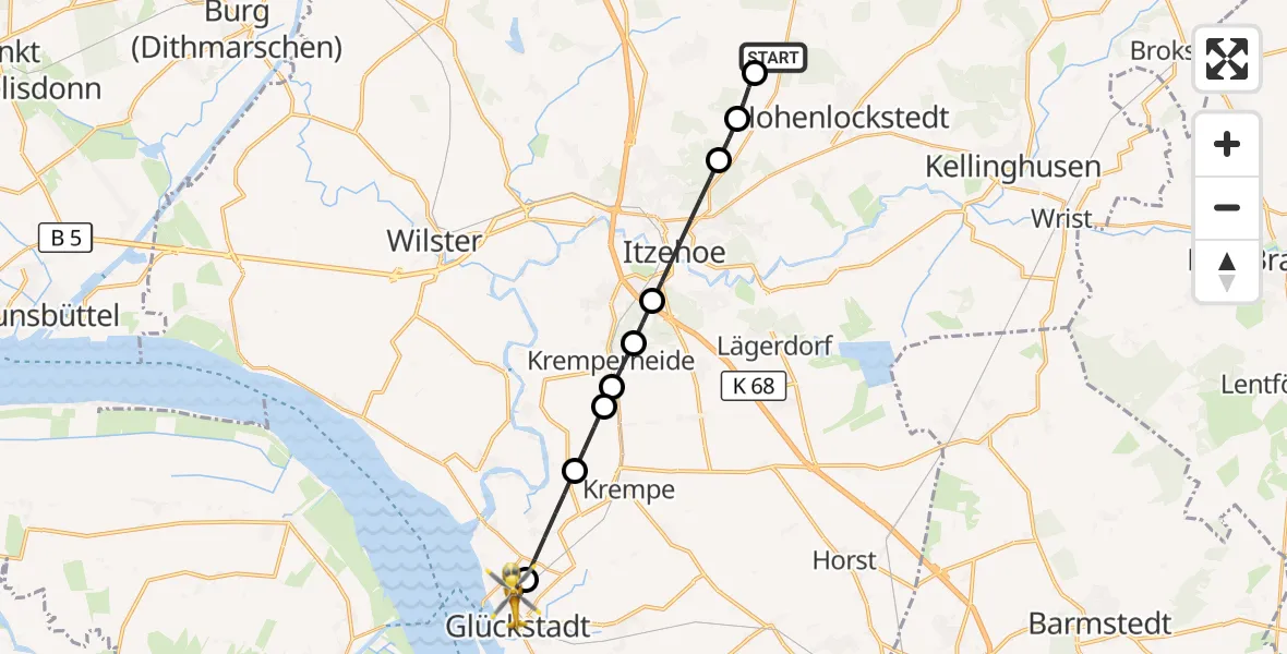 Flugroute Rettungshubschrauber Itzehoe Hungriger Wolf Flugplatz - Glückstadt, 23 Juli 2026, 17:56