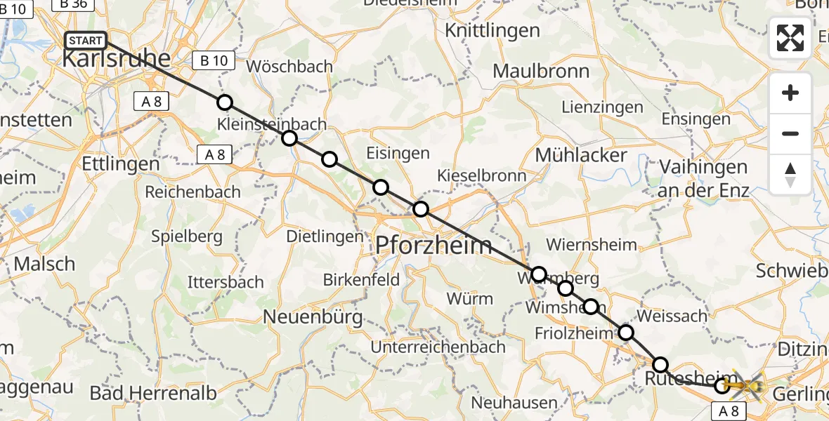 Flugroute Rettungshubschrauber Karlsruhe - Leonberg Hospital Hubschrauberlandeplatz, 23 Juli 2026, 17:59