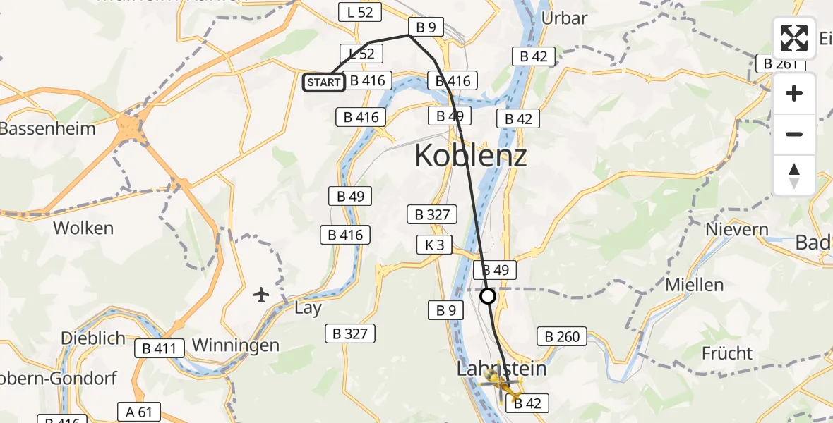 Flugroute Rettungshubschrauber Koblenz - Lahnstein, 23 Juli 2026, 17:59