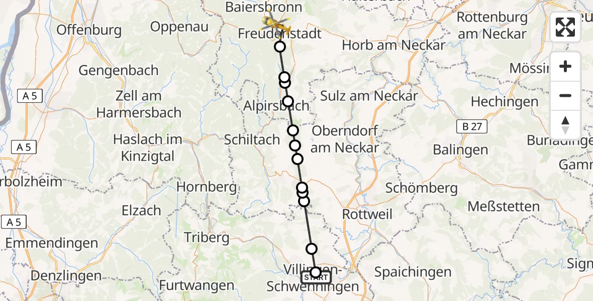 Flugroute Ambulanzhubschrauber DRF Air Rescue Station Villingen-Schwenningen Hubschrauberlandeplatz (Christoph 11) - Freudenstadt, 23 Juli 2026, 18:04