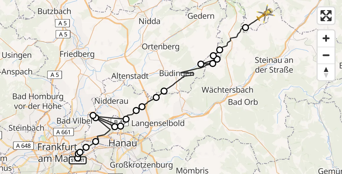 Flugroute Rettungshubschrauber Sana Hospital Offenbach - Freiensteinau, 23 Juli 2026, 18:06