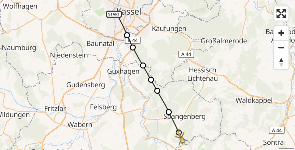 Flugroute Rettungshubschrauber Kassel - Morschen, 23 Juli 2026, 18:10