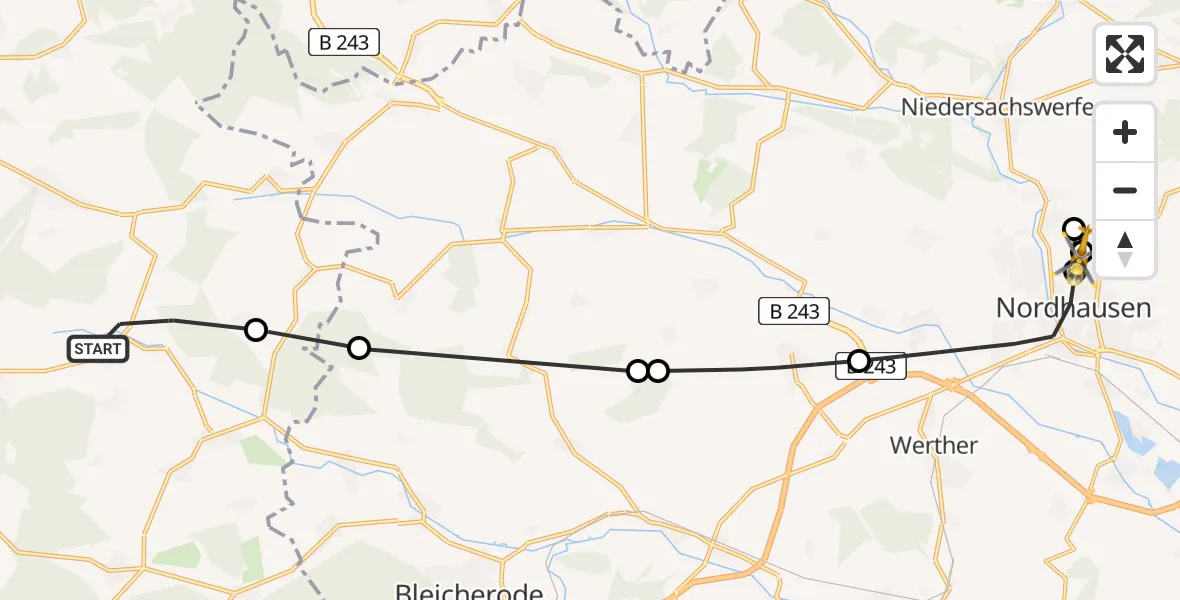 Flugroute Rettungshubschrauber Am Ohmberg - Südharz Hospital Nordhausen, 23 Juli 2026, 18:16