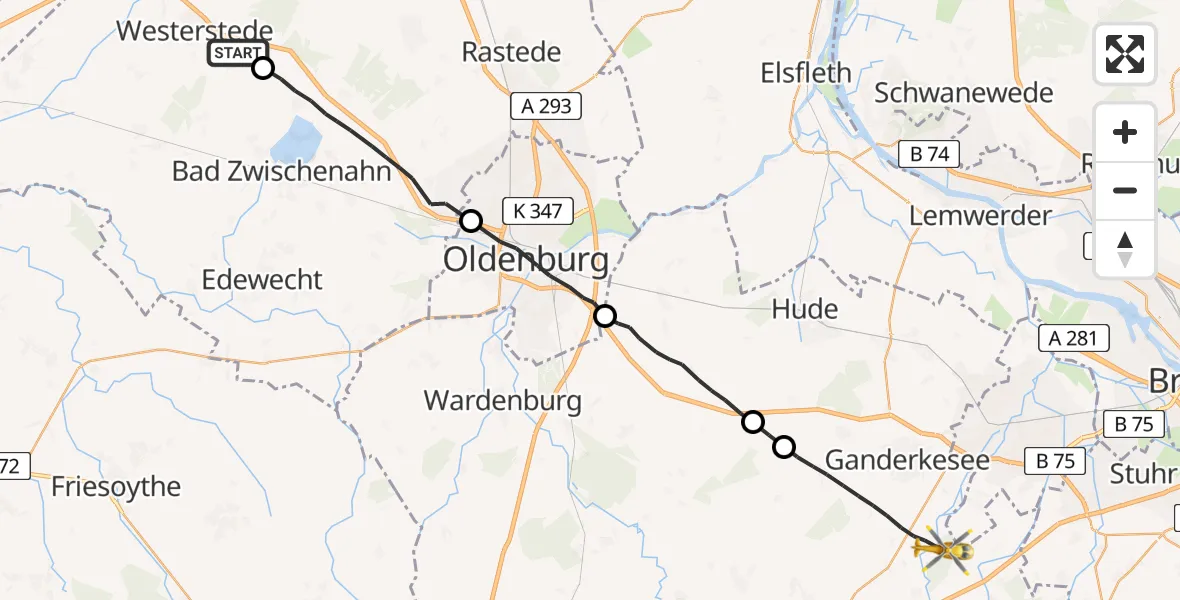 Flugroute Rettungshubschrauber Westerstede - Große Höhe Flugplatz, 23 Juli 2026, 18:16