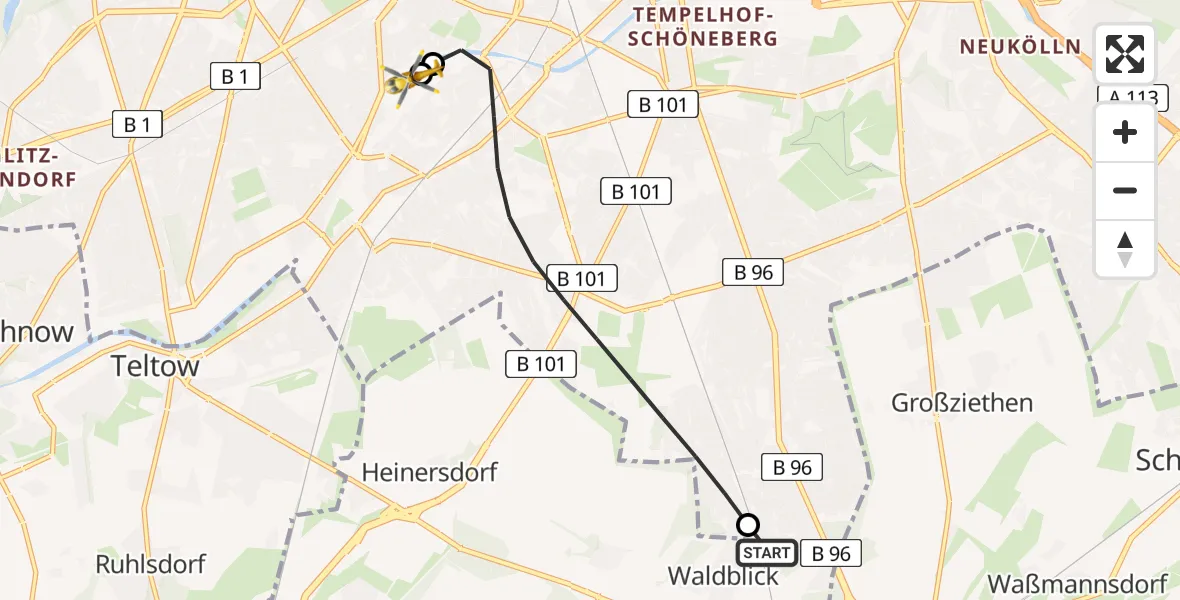 Flugroute Rettungshubschrauber Blankenfelde-Mahlow - Charité Clinic Benjamin Franklin Campus, 23 Juli 2026, 18:17