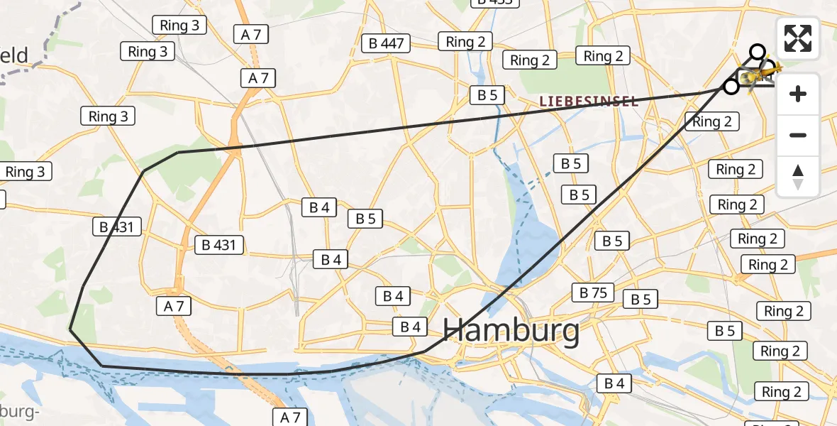 Flugroute Rettungshubschrauber Hamburg Military Hospital - Hamburg Military Hospital, 23 Juli 2026, 18:19