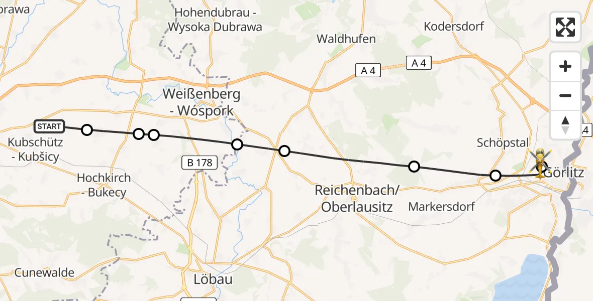 Flugroute Rettungshubschrauber Kubschütz - Görlitz Hospital, 23 Juli 2026, 18:21