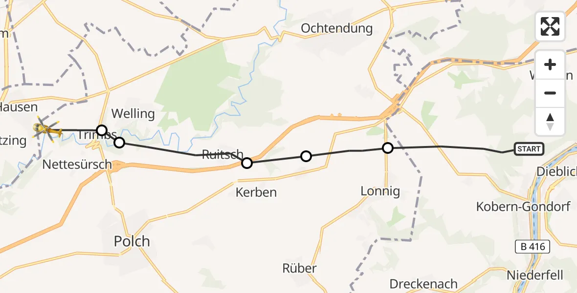 Flugroute Ambulanzhubschrauber Kobern-Gondorf - Trimbs, 23 Juli 2026, 18:27