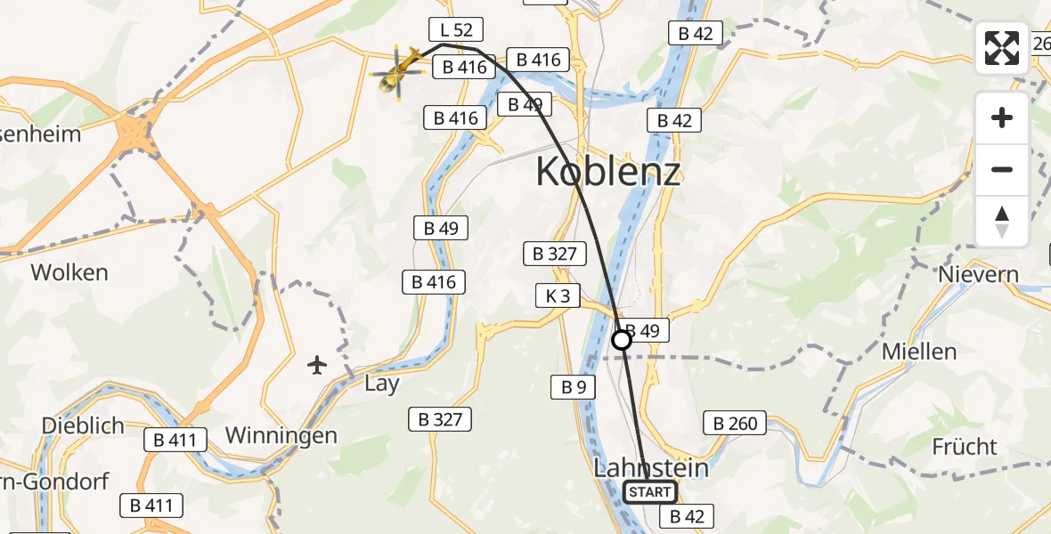 Flugroute Rettungshubschrauber Lahnstein - Koblenz, 23 Juli 2026, 18:34