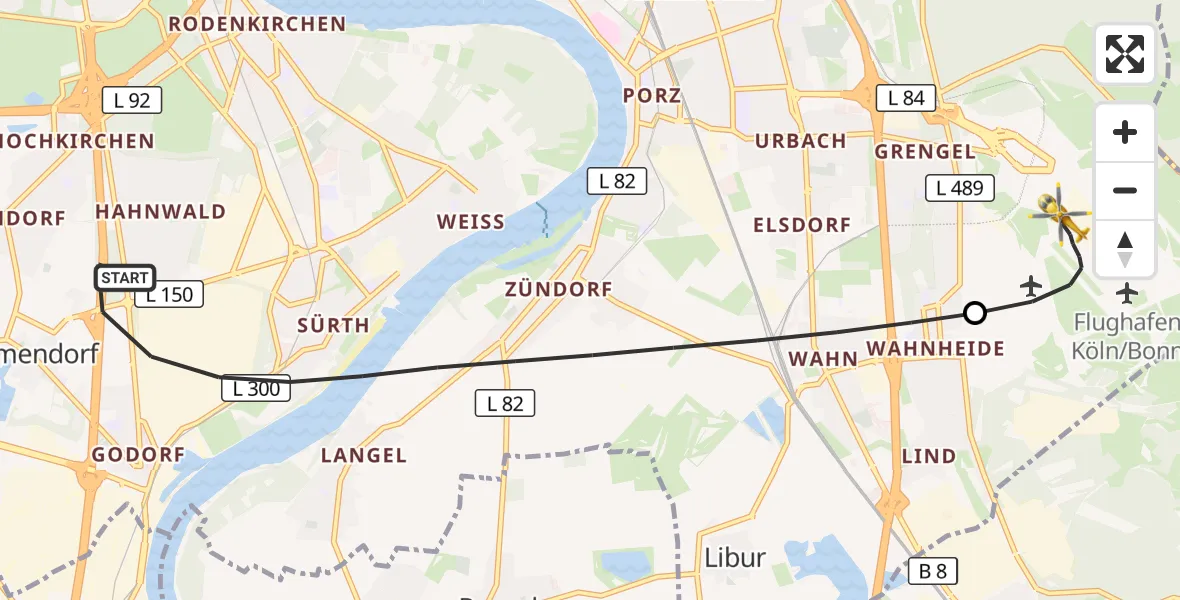 Flugroute Rettungshubschrauber Köln - Köln Bonn Flughafen, 23 Juli 2026, 18:34