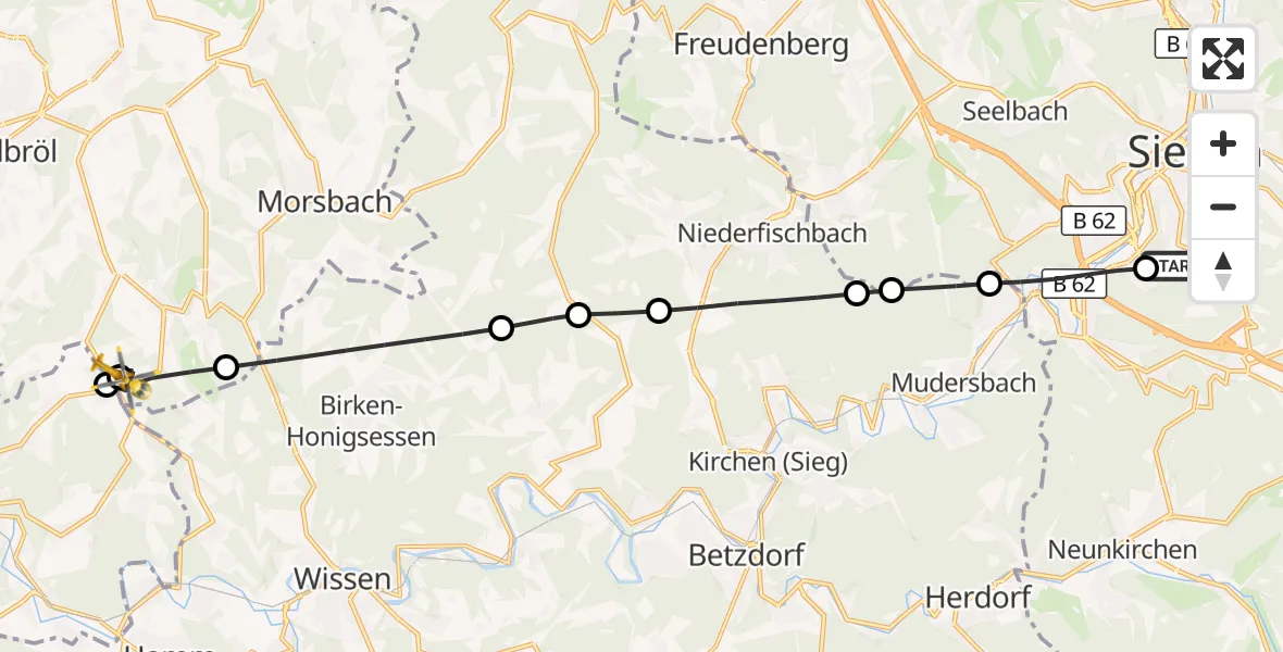 Flugroute Rettungshubschrauber Evangelisches Jung-Stilling Hospital - Morsbach, 23 Juli 2026, 18:36