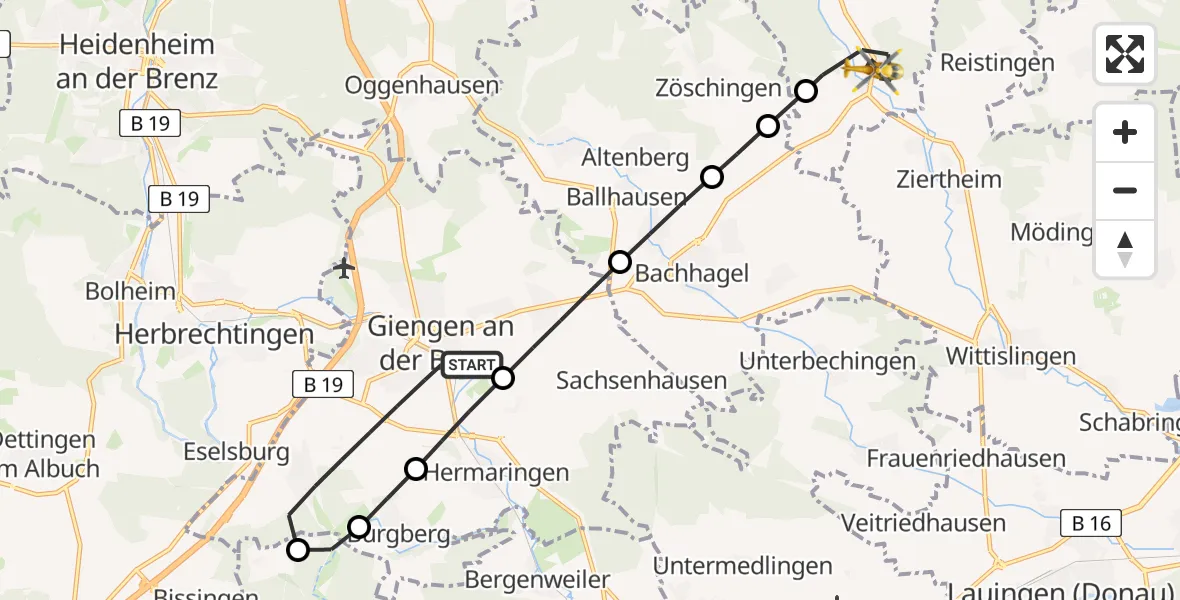 Flugroute Rettungshubschrauber Giengen an der Brenz - Dischingen, 23 Juli 2026, 18:36