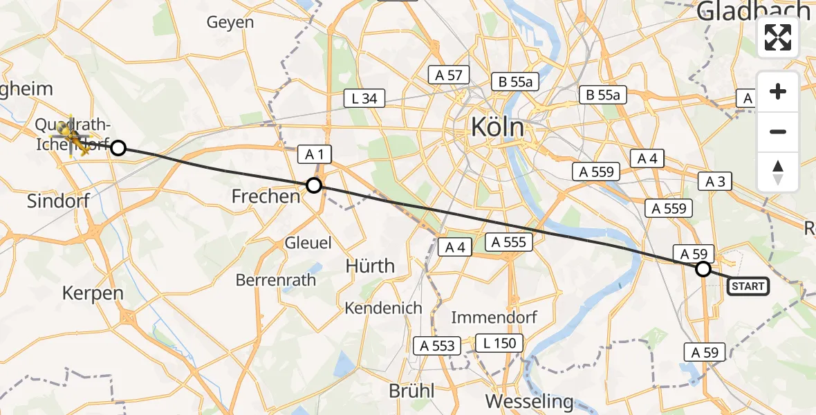 Flugroute Rettungshubschrauber Köln Bonn Flughafen - Bergheim, 23 Juli 2026, 18:46