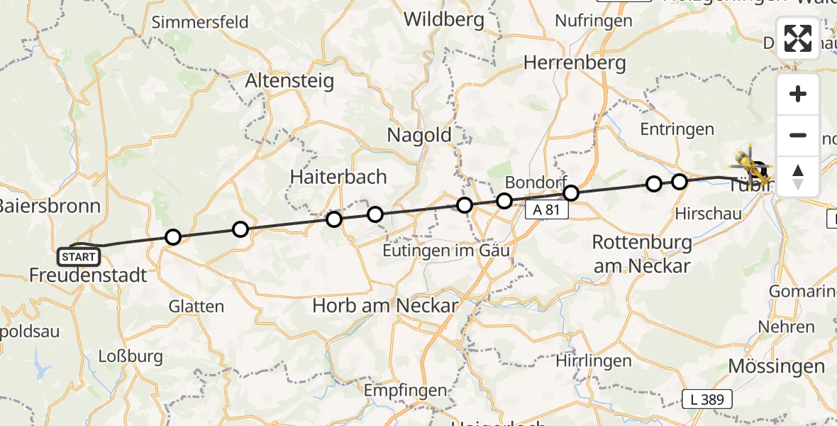 Flugroute Ambulanzhubschrauber Freudenstadt - Tübingen University Hospital, 23 Juli 2026, 18:48
