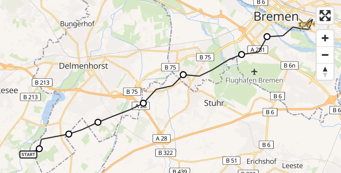 Flugroute Rettungshubschrauber Ganderkesee - Bremen, 23 Juli 2026, 18:50