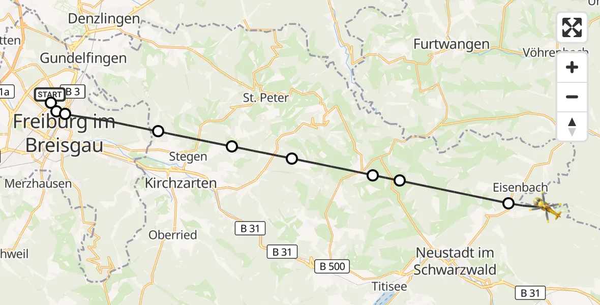 Flugroute Ambulanzhubschrauber Freiburg im Breisgau Flugplatz - Eisenbach (Hochschwarzwald), 23 Juli 2026, 18:50