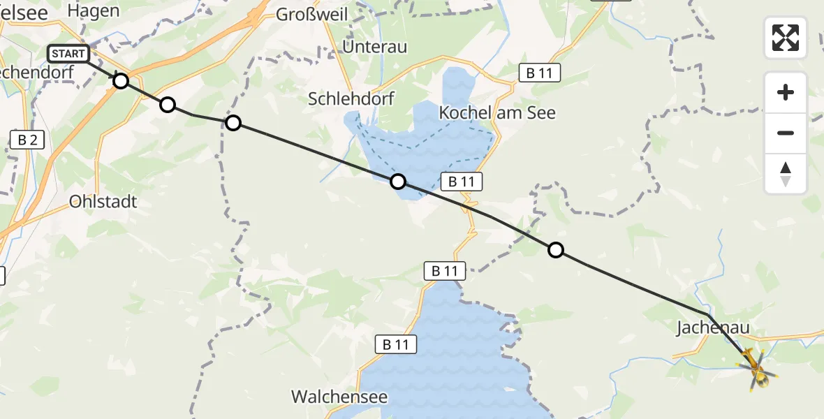 Flugroute Rettungshubschrauber Murnau a.Staffelsee - Jachenau, 23 Juli 2026, 18:53