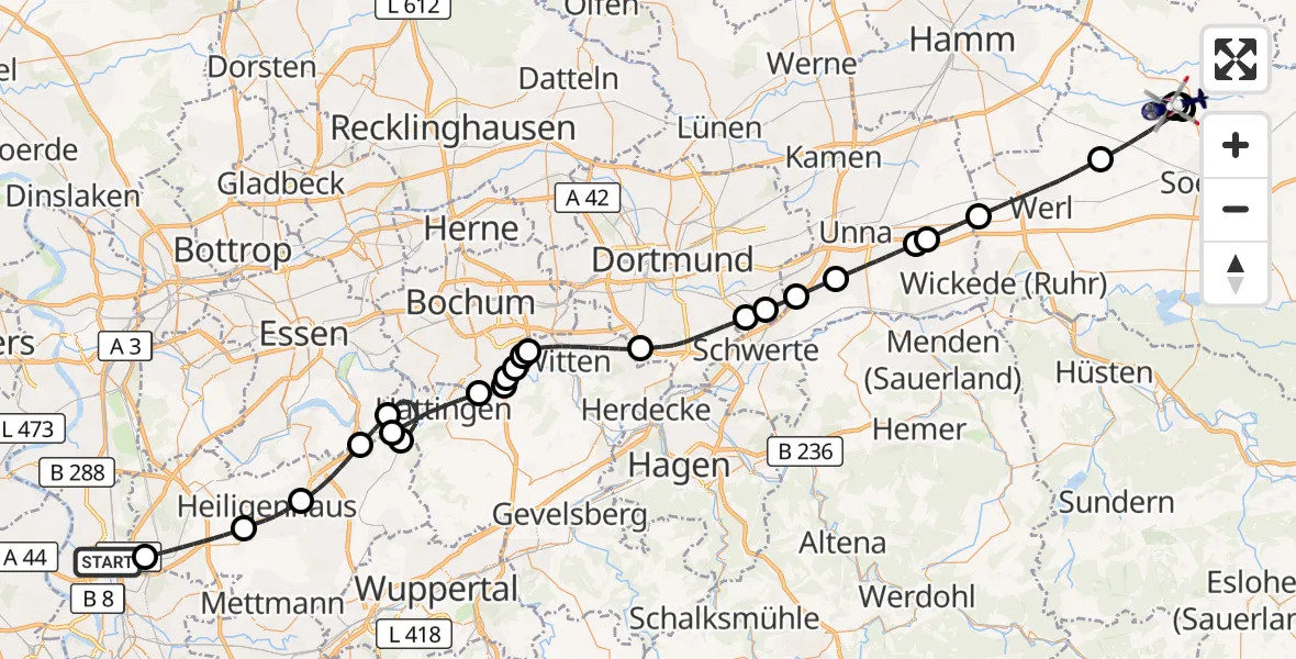 Flugroute Polizeihubschrauber Düsseldorf Flughafen - Welver, 23 Juli 2026, 19:01