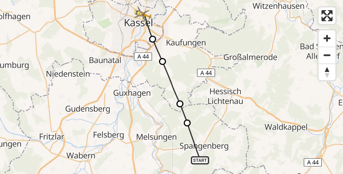 Flugroute Rettungshubschrauber Spangenberg - Kassel, 23 Juli 2026, 19:01